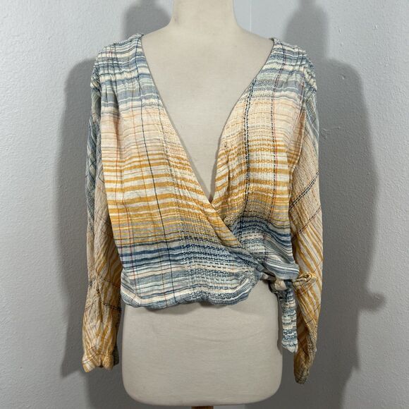 Free People Wrap Top‎ Womens S Maldives Stripe Boho Blouse Y2K - Picture 1 of 11